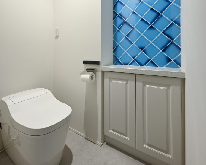 青いトイレのインテリアの実例