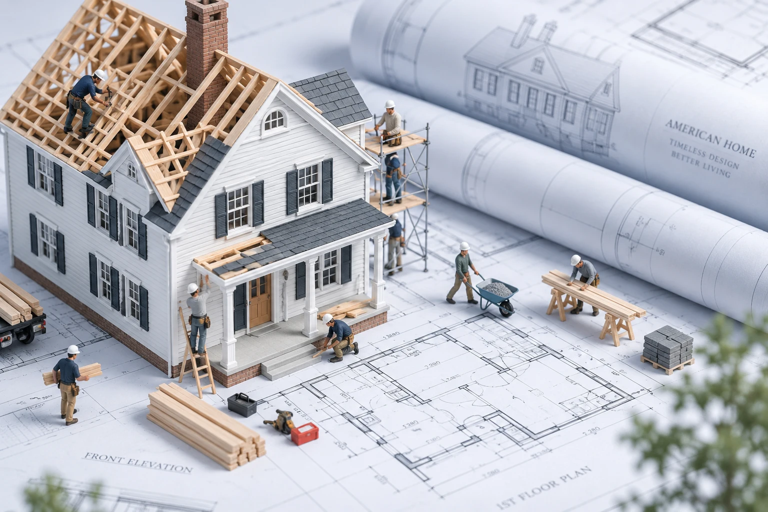 図面の上に置かれた建築中の住宅模型と職人のミニチュア