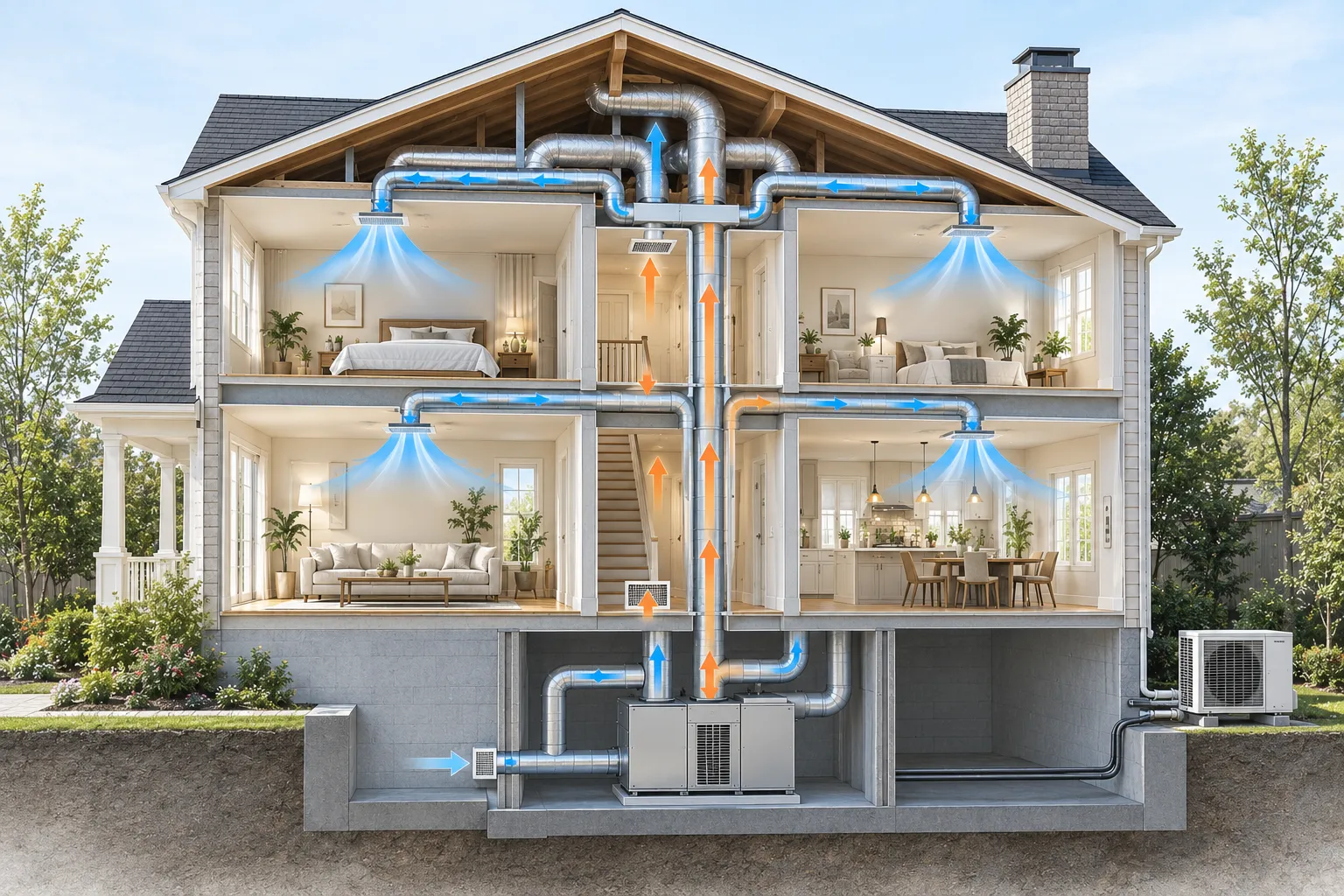 地下の機械室から各室へダクトがつながる全館空調の仕組みを示した住宅の断面図