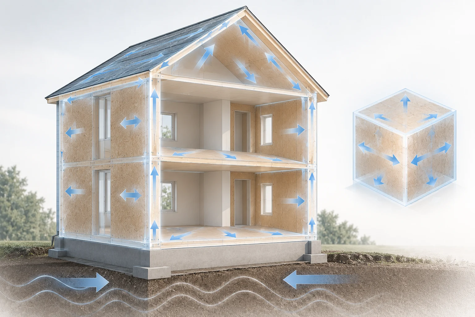地震の揺れを6面体の躯体全体へ分散させるようすを示した住宅の断面イラスト